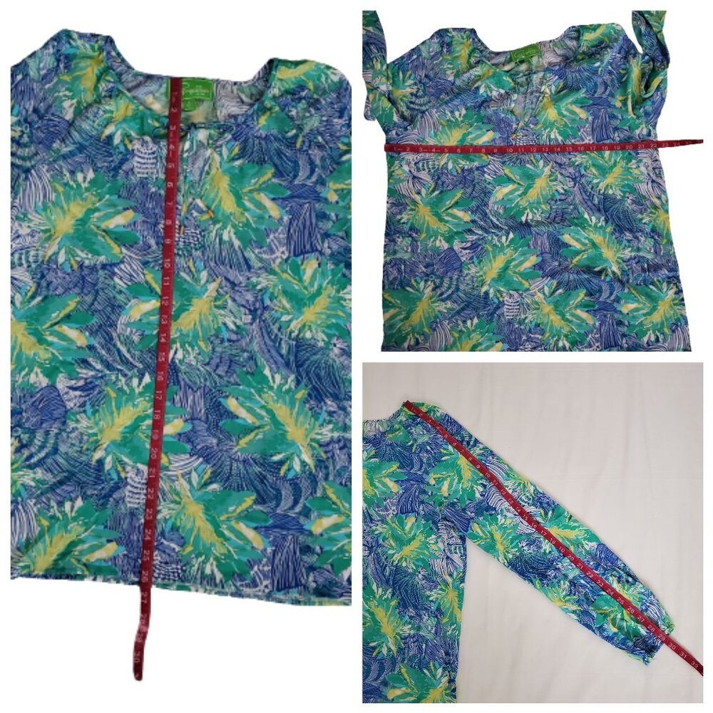 Pappagallo Women's Long Sleeve Tie Neck Printed Colette Top Blue/Green Sz Large‎ - Picture 10 of 10